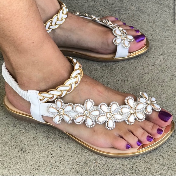 Restock! Atalina Toe Ring White Floral Rhinestone Embellished Woven Gold Sandal - Picture 7 of 8